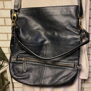 Franco Sarto / Black pebbled leather, fold over bag. 12.5” X 10.5”